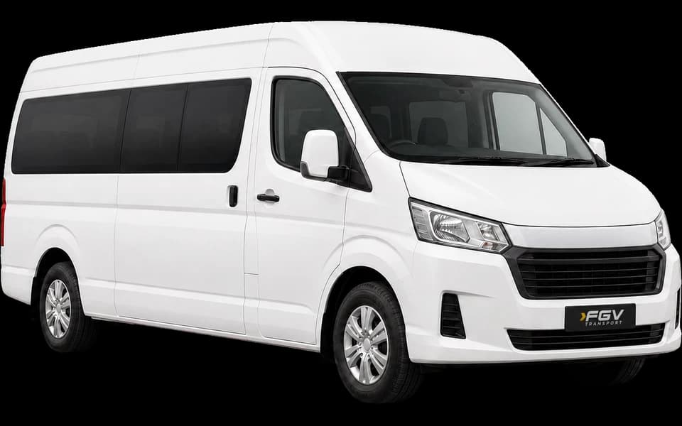 White Toyota Hiace van, shown at a front three-quarter angle facing right.
